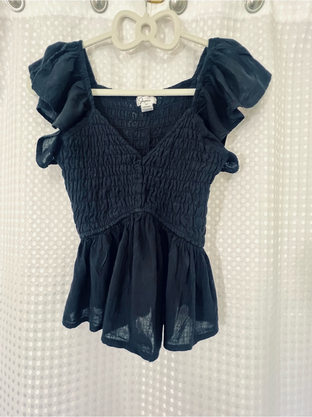 Japna Black Smocked Peplum Top with Puff Sleeves